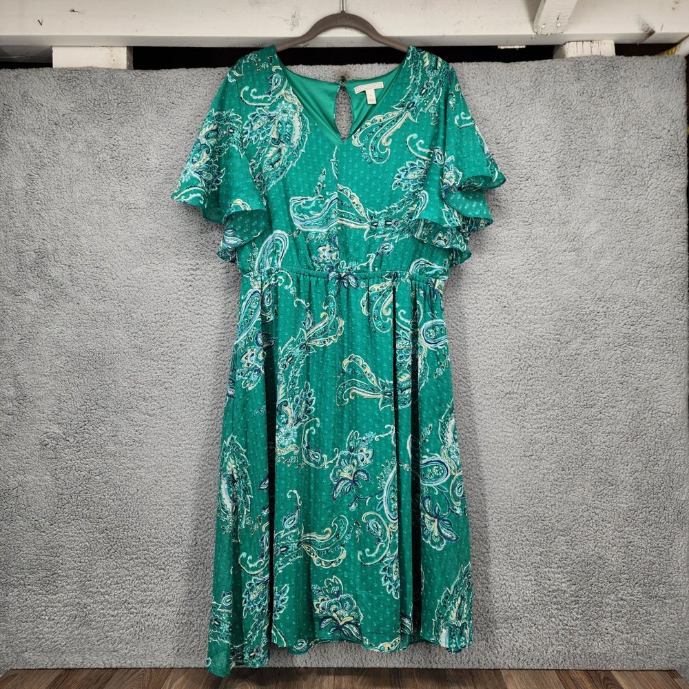 Dana Buchman Green Paisley Clip Dot Midi‎ Dress Large Flutter Sleeve V-Neck